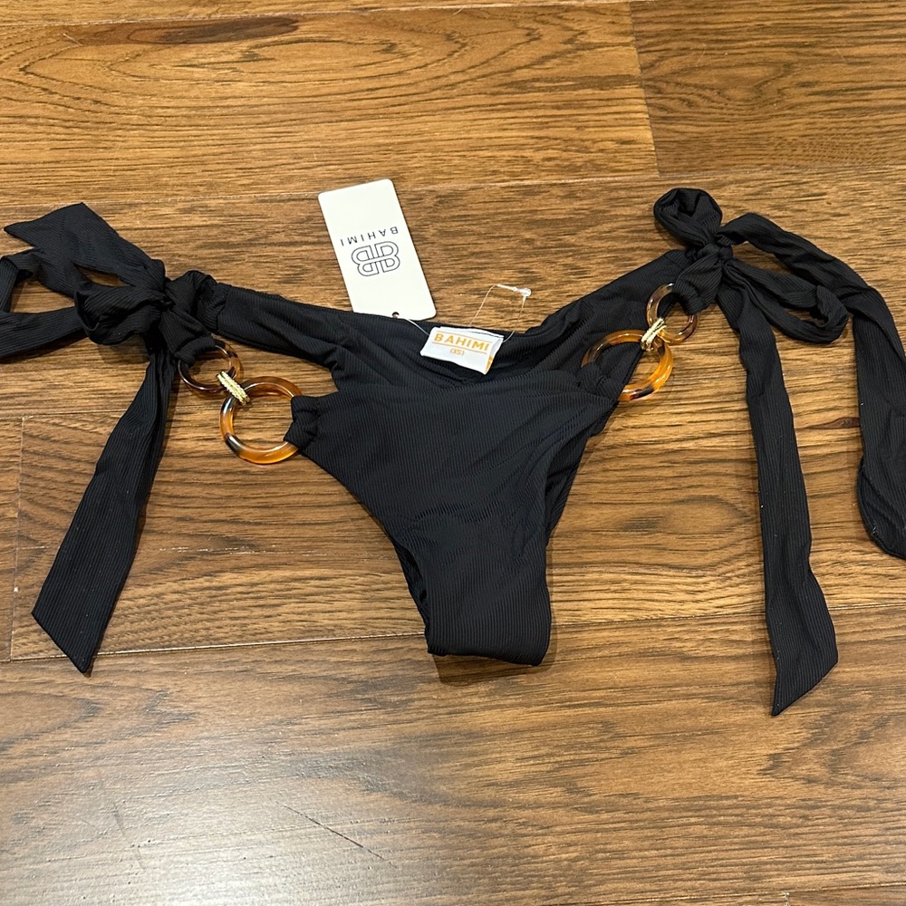 Bahimi Black Tulum Tie-Side black coffee Bikini Bottom with Tortoiseshell Rings